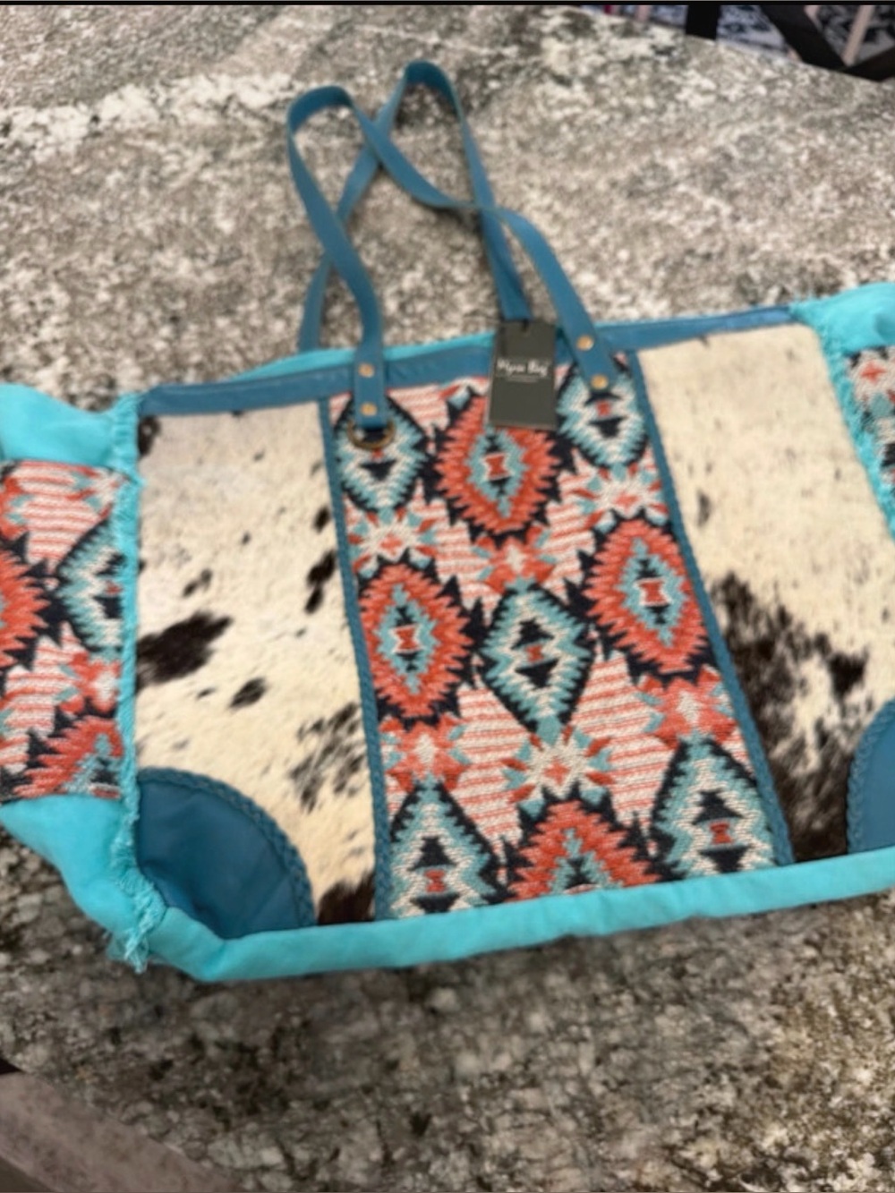 Myra Bag Turquoise Aztec & Haircalf Tote